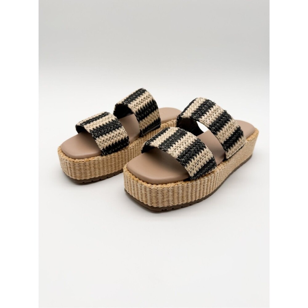Marc Fisher Pelma Double Band Flatform Sandals Raffia Stripe Black 6.5 NEW